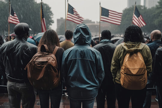 American people stand with their backs looking usa flag on the street with rain, Memorial Day, Independence day, AI Generative.