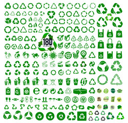 Big set of 170 ecology icons. Recycle icon. Symbols and signs for design of packaging products, information about the goods being transported and a sign of recycling. Vector illustration.