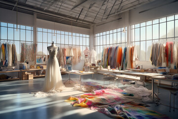 A fashion designer's studio with fabric swatches, sewing machines, and dress forms, representing the world of fashion and creativity.
