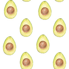 Watercolor seamless pattern with illustration of appetizing green sliced hass avocados with pit on white background.