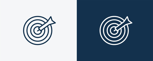 dartboard with dart icon. Outline dartboard with dart icon from sport and games collection. Linear vector isolated on white and dark blue background. Editable dartboard with dart symbol.