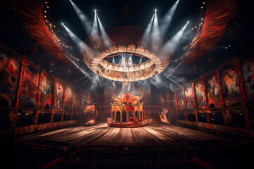Image from inside a large circus illuminated by beautiful lights in its most incredible presentation