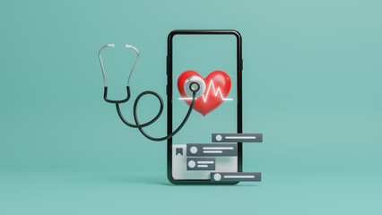 Telemedicine concept, mobile phone with healthcare app on chat in messenger. Online communicating the patient on VR medical interface with internet consultation technology. 3d rendering illustration