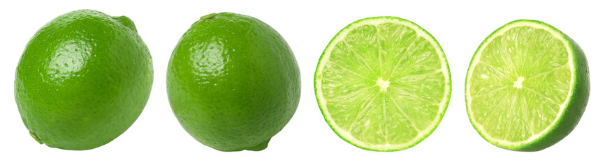 Natural fresh lime, slice and half isolated, transparent png, PNG format, cut-out