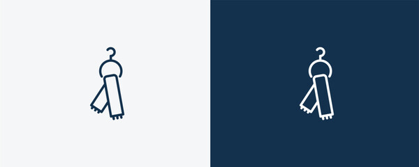 scarf on hanger icon. Outline scarf on hanger icon from clothes and outfit collection. Linear vector isolated on white and dark blue background. Editable scarf on hanger symbol.