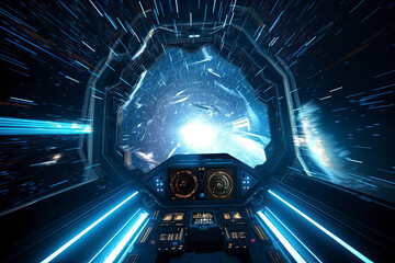 Inside of a Spaceship Driving at Hyper Speed, Space Travelers flying through the space - obrazy, fototapety, plakaty