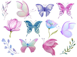 Collection watercolor butterflies, flowers and leaves on white background. hand-drawn.