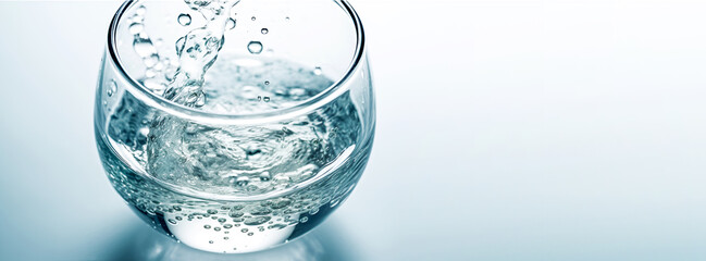 Close up glass of pouring crystal water with splash on light blue background. Organic pure natural water. Healthy refreshing drink. Banner size, copy space. Generative ai