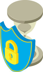 Protected crypto icon isometric vector. Shield with padlock image near hourglass. Digital money, virtual currency, e cash