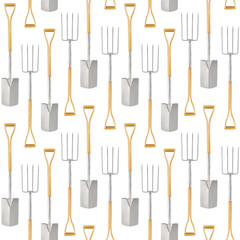 Seamless pattern with gardening tool and garden equipment, spade and fork with wooden handle, isolated top view on white background. Wrapper template for greenhouse or flower shop.