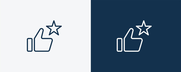 thumb up with star icon. Outline thumb up with star icon from cinema and theater collection. Linear vector isolated on white and dark blue background. Editable thumb up with star symbol.