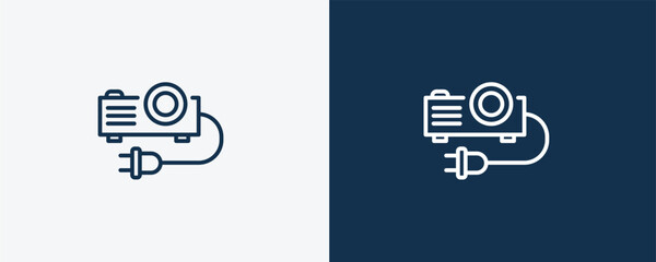 projector with plug icon. Outline projector with plug icon from cinema and theater collection. Linear vector isolated on white and dark blue background. Editable projector with plug symbol.