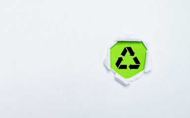 Black recycle icon sign on green background for  recycling packing product and rubbish  , sustainable development to save ecology environment concept.