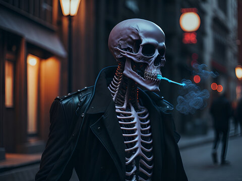 Skeleton with black suit smoking. Generative AI