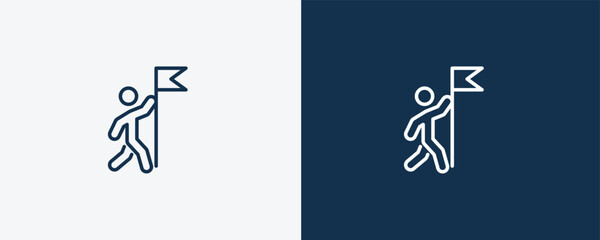 man with flag icon. Outline man with flag icon from behavior and action collection. Linear vector isolated on white and dark blue background. Editable man with flag symbol.