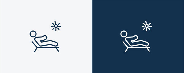 man sunbathing icon. Outline man sunbathing icon from behavior and action collection. Linear vector isolated on white and dark blue background. Editable man sunbathing symbol.