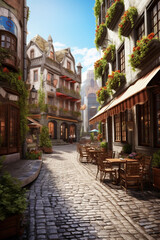 Fototapeta na wymiar A charming cobblestone street lined with historic buildings, cafes, and shops, representing the quaint and picturesque atmosphere of a popular tourist town Generative AI technology