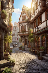 Fototapeta na wymiar A charming cobblestone street lined with historic buildings, cafes, and shops, representing the quaint and picturesque atmosphere of a popular tourist town Generative AI technology