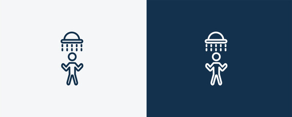 man showering icon. Outline man showering icon from behavior and action collection. Linear vector isolated on white and dark blue background. Editable man showering symbol.