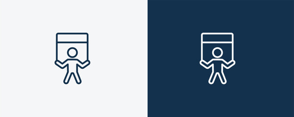 man with banner icon. Outline man with banner icon from behavior and action collection. Linear vector isolated on white and dark blue background. Editable man with banner symbol.