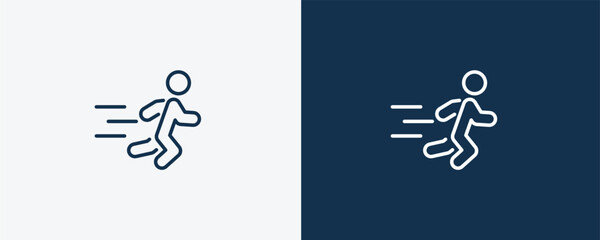 man running icon. Outline man running icon from behavior and action collection. Linear vector isolated on white and dark blue background. Editable man running symbol.