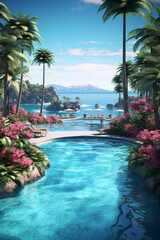 Fototapeta na wymiar A luxurious resort or hotel pool overlooking the ocean or surrounded by lush tropical gardens, epitomizing relaxation and indulgence. Generative AI technology