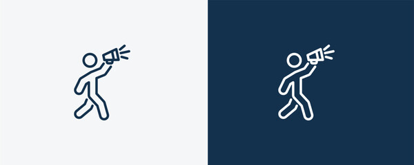 man shouting icon. Outline man shouting icon from behavior and action collection. Linear vector isolated on white and dark blue background. Editable man shouting symbol.