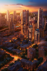 An aerial view of a city skyline at sunset, showcasing the vibrant energy and modern architecture of an urban tourist hotspot.  Generative AI technology