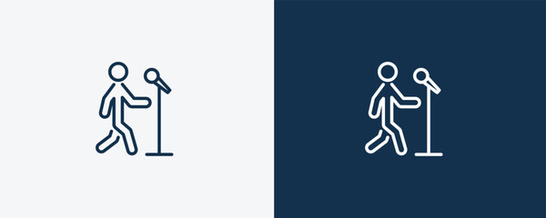 singer with microphone icon. Outline singer with microphone icon from behavior and action collection. Linear vector isolated on white and dark blue background. Editable singer with microphone symbol.