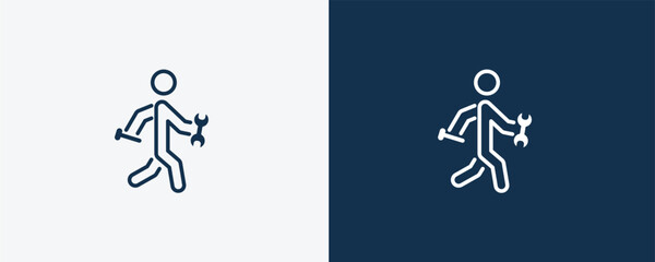 man with tool icon. Outline man with tool icon from behavior and action collection. Linear vector isolated on white and dark blue background. Editable man with tool symbol.