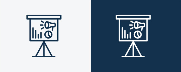 marketing presentation icon. Outline marketing presentation icon from marketing collection. Linear vector isolated on white and dark blue background. Editable marketing presentation symbol.