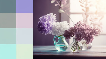white pink violet lilac blooming in glass vases on wood table by the window in early morning