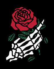 Illustration of a red rose and a white skeleton on a black background