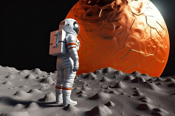 Orange Spaceman Spacewoman With Large Alien Silver Sphere Standing on the Edge of a Large Crater