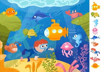 Find and circle objects. Puzzle game for children. Cute cartoon sea creature and boy underwater. Ocean animals with shipwreck. Watercolor illustration. 