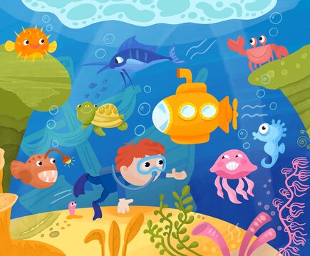 Cute cartoon sea creature and boy underwater. Ocean animals with shipwreck. Colorful scene for worksheet. Watercolor illustration. 