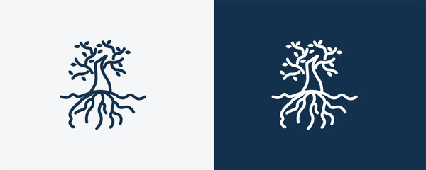 Fototapeta premium tree and roots icon. Outline tree and roots, tree icon from ecology collection. Linear vector isolated on white and dark blue background. Editable tree and roots symbol.