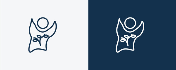 eco volunteer icon. Outline eco volunteer, hand icon from ecology collection. Linear vector isolated on white and dark blue background. Editable eco volunteer symbol.