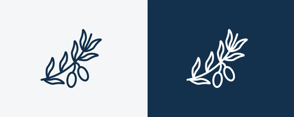 olives on a branch icon. Outline olives on a branch, olive icon from ecology collection. Linear vector isolated on white and dark blue background. Editable olives on a branch symbol.