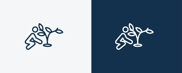 plant a tree icon. Outline plant a tree, tree icon from ecology collection. Linear vector isolated on white and dark blue background. Editable plant a tree symbol.