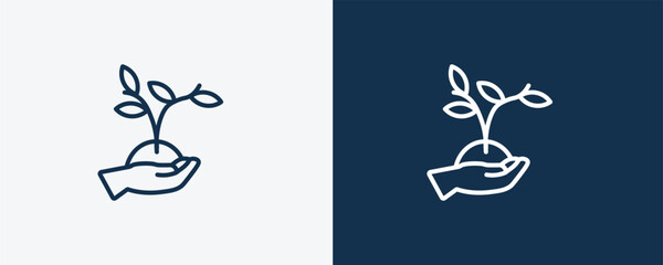 plant on a hand icon. Outline plant on a hand, hand icon from ecology collection. Linear vector isolated on white and dark blue background. Editable plant on a hand symbol.