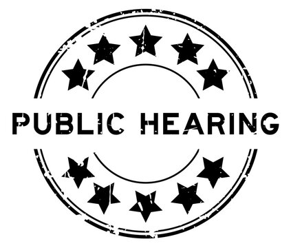 Grunge black public hearing word with star icon round rubber seal stamp on white background