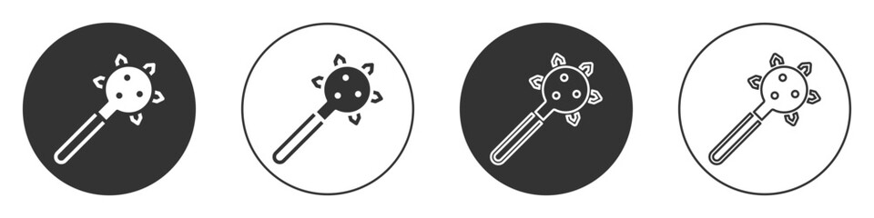 Black Medieval chained mace ball icon isolated on white background. Morgenstern medieval weapon or mace with spikes. Circle button. Vector