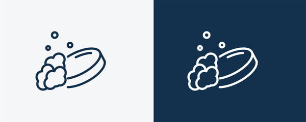soap cleanin icon. Outline soap cleanin, brush icon from cleaning collection. Linear vector isolated on white and dark blue background. Editable soap cleanin symbol.