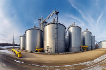 Obraz premium panorama view on agro silos granary elevator on agro-processing manufacturing plant for processing
