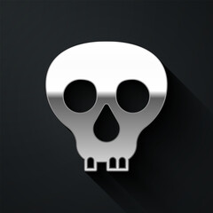 Silver Skull icon isolated on black background. Happy Halloween party. Long shadow style. Vector