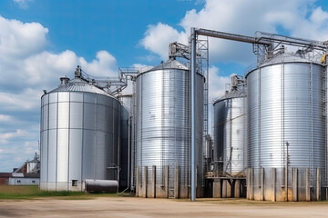 Fototapeta premium panorama view on agro silos granary elevator on agro-processing manufacturing plant for processing