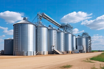 Fototapeta na wymiar panorama view on agro silos granary elevator on agro-processing manufacturing plant for processing