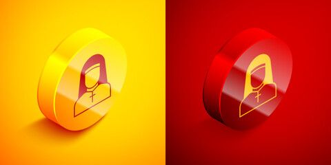 Isometric Nun icon isolated on orange and red background. Sister of mercy. Circle button. Vector