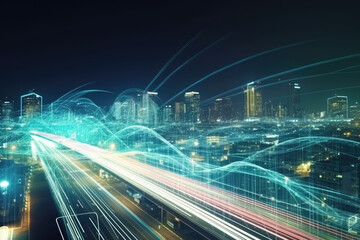 smart digital city with high speed light trail of cars of digital data transfer.